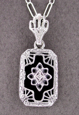 Small Art Deco Filigree Onyx and Diamond Pendant Necklace in Sterling Silver