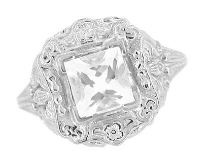 Princess Cut White Topaz Art Nouveau Ring in 14 Karat White Gold - Vintage 1910 Floral Design - Item: R615WWT - Image: 4