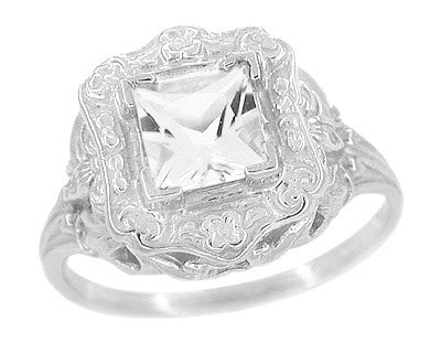 Princess Cut White Topaz Art Nouveau Ring in 14 Karat White Gold - Vintage 1910 Floral Design