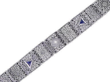 Art Deco Filigree Diamond and Sapphire Bracelet in Sterling Silver