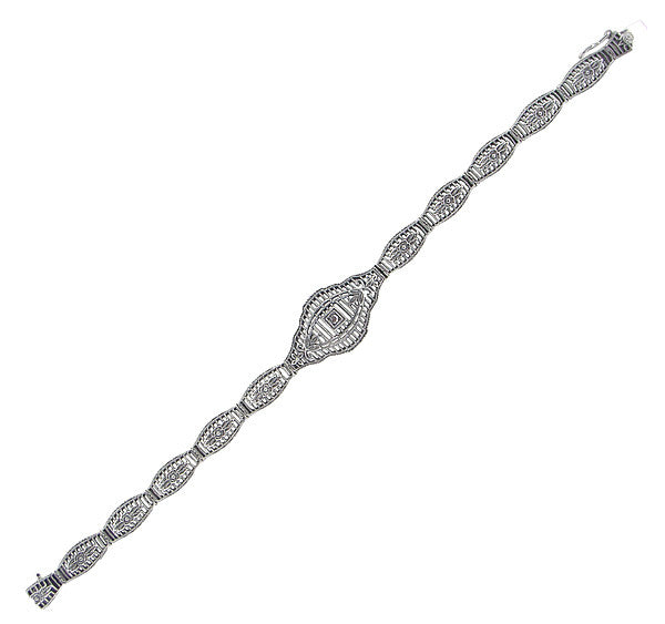 Vintage Style Art Deco Floral Filigree Diamond Bracelet in Sterling Silver - Item: SSBR12 - Image: 3