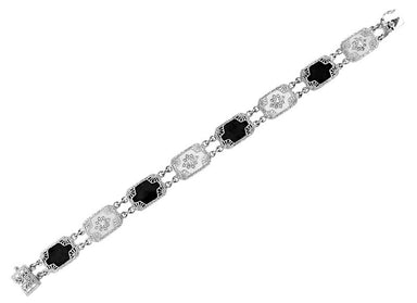 Art Deco Filigree Black Onyx and Diamond Bracelet in Sterling Silver - alternate view