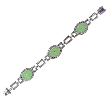 Art Deco Verdelite Starburst Crystal Marcasite Bracelet in Sterling Silver