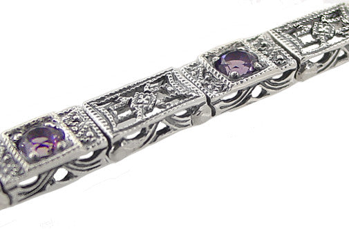 Art Deco Filigree Straightline Amethyst Bracelet in Sterling Silver - Item: SSBR8 - Image: 2