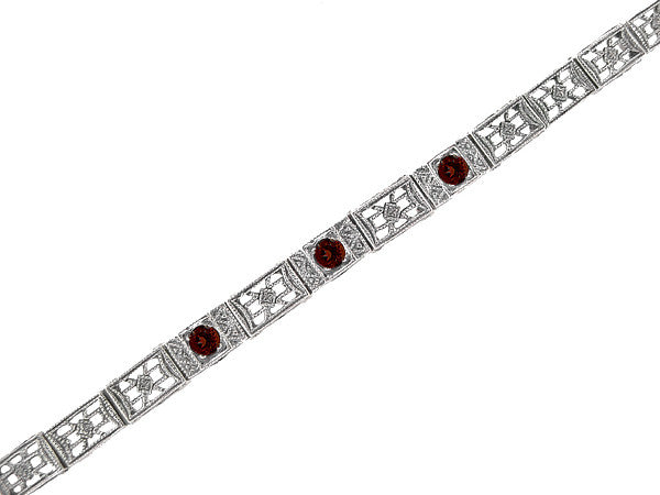 Art Deco Filigree Straightline Almandine Garnet Bracelet in Sterling Silver
