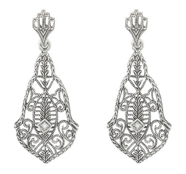 Art Deco Diamonds and Scrolls Filigree Dangling Earrings in Sterling Silver
