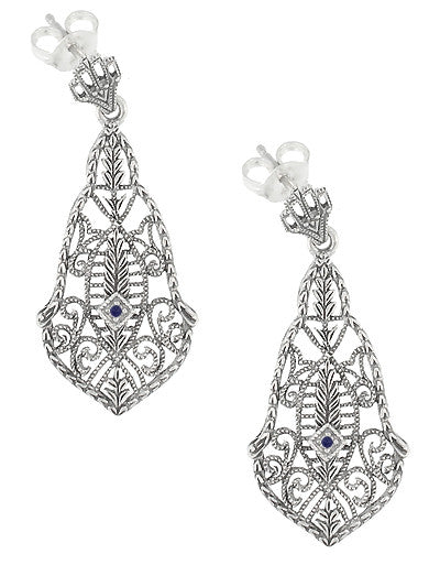 Art Deco Filigree Sapphires and Scrolls Dangling Earrings in Sterling Silver - Item: SSE127S - Image: 2