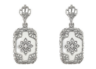 Filigree Crystal and Diamonds Art Deco Earrings in Sterling Silver