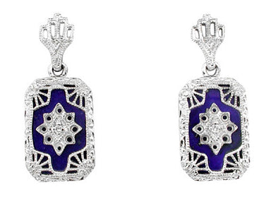 Art Deco Filigree Lapis Lazuli and Diamond Earrings in Sterling Silver, 1920s Vintage Engraved Design