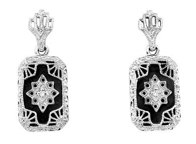 Art Deco Filigree Onyx and Diamond Set Earrings in Sterling Silver
