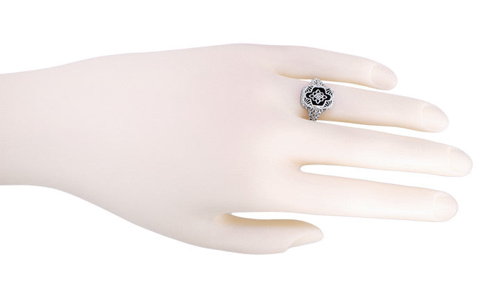 Art Deco Filigree Onyx and Diamond Ring in Sterling Silver - Item: SSR11 - Image: 4
