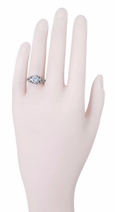 Art Deco Filigree Heart Shaped Sky Blue Topaz Promise Ring in Sterling Silver - Item: SSR1119BT - Image: 6
