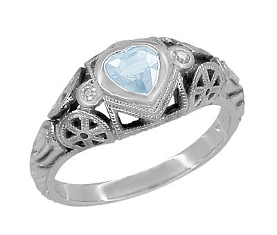Art Deco Filigree Heart Shaped Sky Blue Topaz Promise Ring in Sterling Silver - Item: SSR1119BT - Image: 2