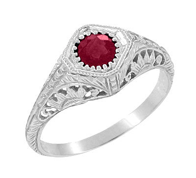 Filigree Art Deco Low Profile Ruby Promise Ring in Sterling Silver