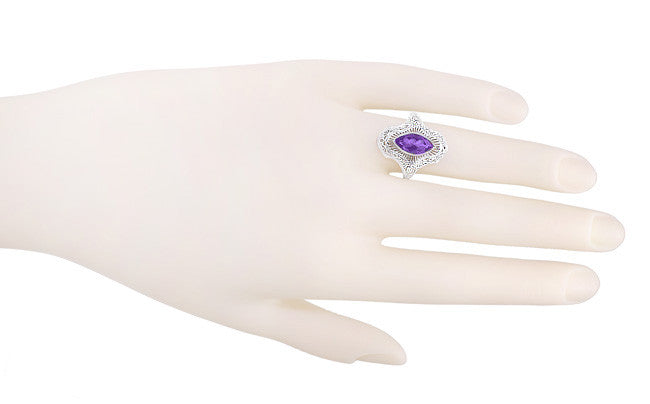 Art Deco Marquise Amethyst Filigree Cocktail Ring in Sterling Silver - Item: SSR12A - Image: 4