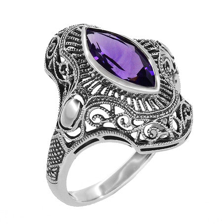 Art Deco Marquise Amethyst Filigree Cocktail Ring in Sterling Silver - Item: SSR12A - Image: 2