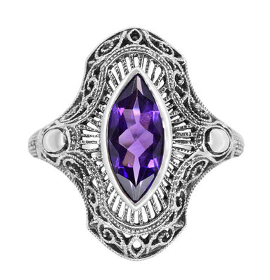 Art Deco Marquise Amethyst Filigree Cocktail Ring in Sterling Silver