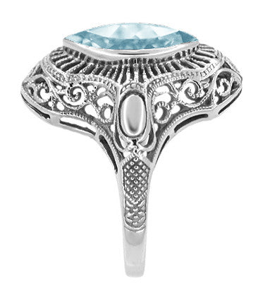 Art Deco Marquise Blue Topaz Filigree Cocktail Ring in Sterling Silver - Item: SSR12BT - Image: 3