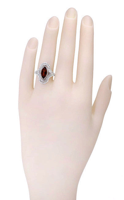 Art Deco Filigree Marquise Garnet Cocktail Ring in Sterling Silver - 2.80 Carats - Item: SSR12G - Image: 4