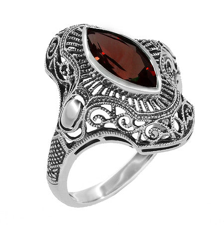 Art Deco Filigree Marquise Garnet Cocktail Ring in Sterling Silver
