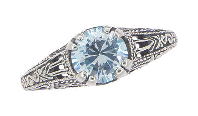 Art Deco Filigree Engraved Blue Topaz Promise Ring in Sterling Silver - Item: SSR14 - Image: 3