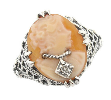 Art Deco Filigree Carnelian Shell Cameo Ring with Diamond  in Sterling Silver - alternate view