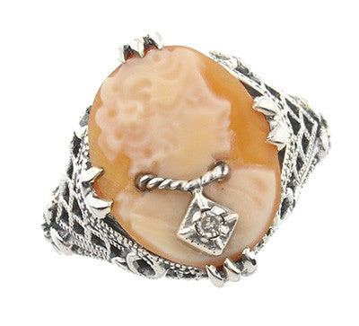 Art Deco Filigree Carnelian Shell Cameo Ring with Diamond  in Sterling Silver - Item: SSR15 - Image: 2