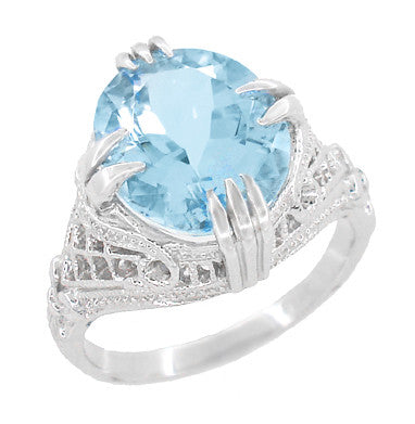 Art Deco Filigree Claw Prong Oval Blue Topaz Statement Ring in Sterling Silver - 4.75 Carats - Item: SSR157BT - Image: 2