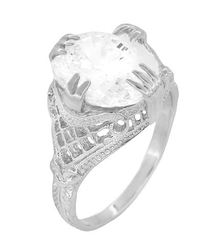 Art Deco Filigree Engraved Oval Cubic Zirconia ( CZ ) Statement Ring in Sterling Silver - 7 Carats - Item: SSR157CZ - Image: 3