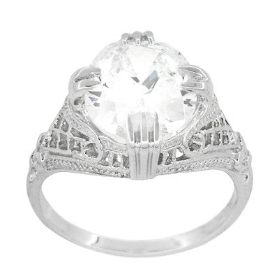 Art Deco Filigree Engraved Oval Cubic Zirconia ( CZ ) Statement Ring in Sterling Silver - 7 Carats - Item: SSR157CZ - Image: 2