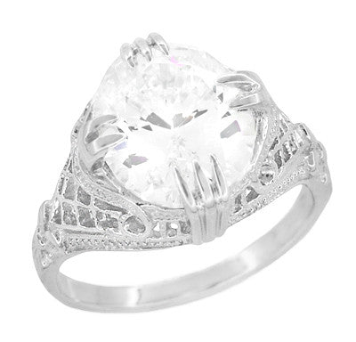 Art Deco Filigree Engraved Oval Cubic Zirconia ( CZ ) Statement Ring in Sterling Silver - 7 Carats