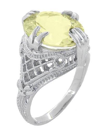 Art Deco Oval Filigree Lemon Quartz Statement Ring in Sterling Silver | 4.35 Carats - Item: SSR157LQ - Image: 3