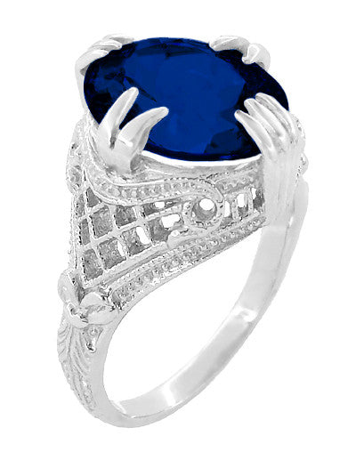 Art Deco Engraved Filigree 5.75 Carat Oval Lab Created Blue Sapphire Statement Ring in Sterling Silver - Item: SSR157S - Image: 3