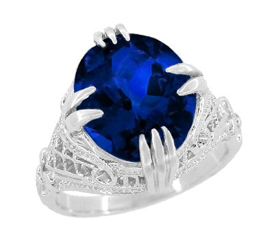 Art Deco Engraved Filigree 5.75 Carat Oval Lab Created Blue Sapphire Statement Ring in Sterling Silver - Item: SSR157S - Image: 2
