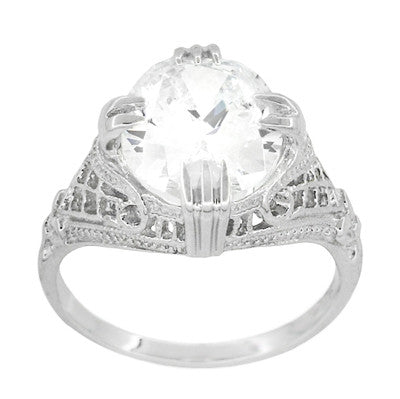 Art Deco Filigree Engraved 5 Carat Oval White Topaz Ring in Sterling Silver - Item: SSR157WT - Image: 2