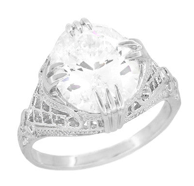 Art Deco Filigree Engraved 5 Carat Oval White Topaz Ring in Sterling Silver