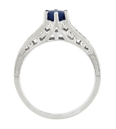 Art Deco Blue Sapphire Filigree Promise Ring in Sterling Silver with White Sapphire Side Stones - Item: SSR158 - Image: 3