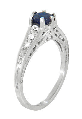 Art Deco Blue Sapphire Filigree Promise Ring in Sterling Silver with White Sapphire Side Stones - Item: SSR158 - Image: 2