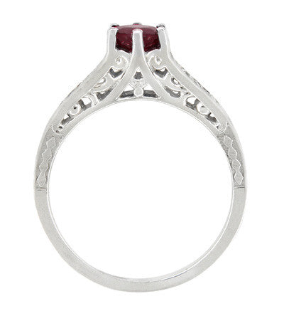 Art Deco Filigree Ruby Promise Ring in Sterling Silver with Side White Sapphires - Item: SSR158R - Image: 3