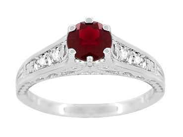 Art Deco Filigree Ruby Promise Ring in Sterling Silver with Side White Sapphires - Item: SSR158R - Image: 4