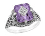 Art Deco Flowers and Leaves Amethyst and Diamond Filigree Ring  in Sterling Silver