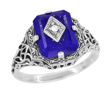 Caroline's Daylight Ring - Art Deco Filigree Diamond and Lapis Lazuli Ring in Sterling Silver - alternate view