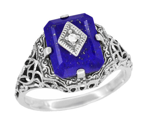 Caroline's Daylight Ring - Art Deco Filigree Diamond and Lapis Lazuli Ring in Sterling Silver - Item: SSR15LA - Image: 2