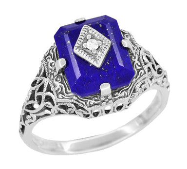 Caroline's Daylight Ring - Art Deco Filigree Diamond and Lapis Lazuli Ring in Sterling Silver
