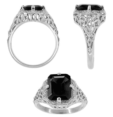 Art Deco Flowers and Leaves Black Onyx Filigree Ring in Sterling Silver - alternate view