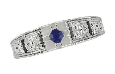 Engraved Art Deco Blue Sapphire Band Ring in Sterling Silver - Item: SSR160S - Image: 4