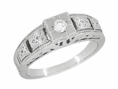 Art Deco Engraved White Sapphire Band Ring in Sterling Silver