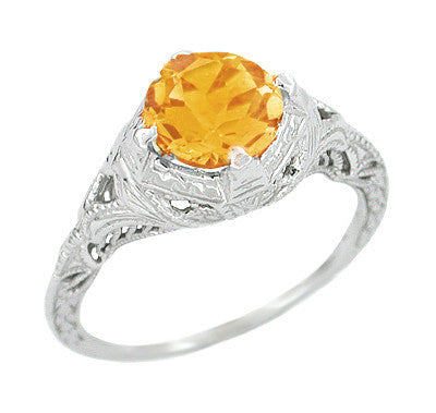 Art Deco Engraved Filigree 1.20 Carat Citrine Engagement Ring in 14 Karat White Gold