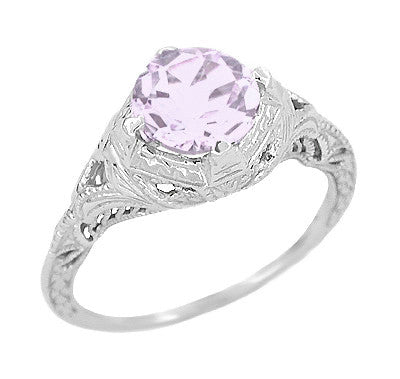 Art Deco Engraved Filigree Rose de France Amethyst Promise Ring in Sterling Silver | Antique Inspired