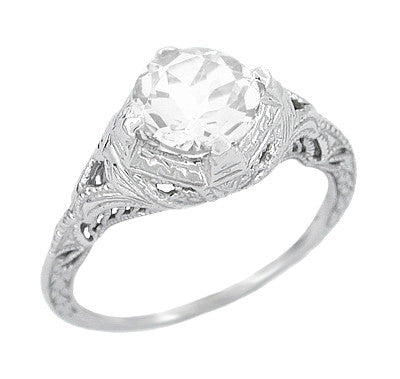Art Deco Engraved Filigree White Topaz Promise Ring in Sterling Silver